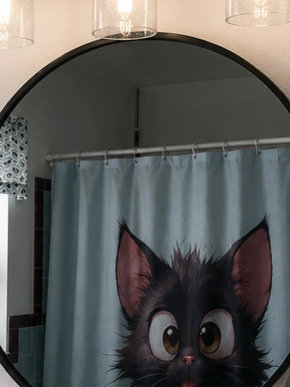 Funny Black Cartoon Cat Shower Curtain - Cute Kitten Design 70” x 70”